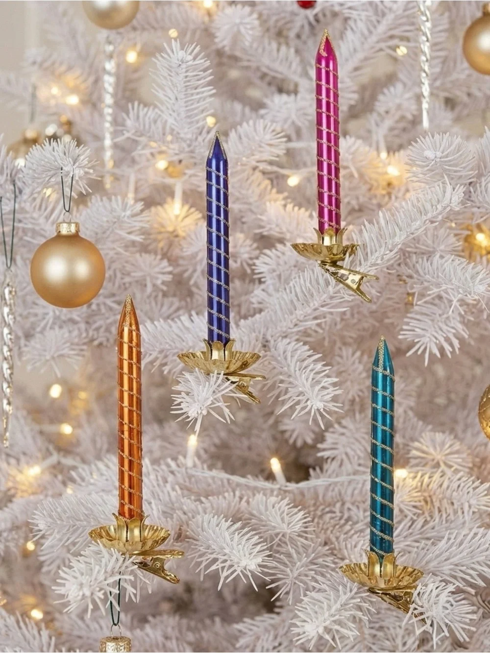 Vintage Glass Candle Tree Ornaments Multi Color Gold Glitter Clip On Set of 4